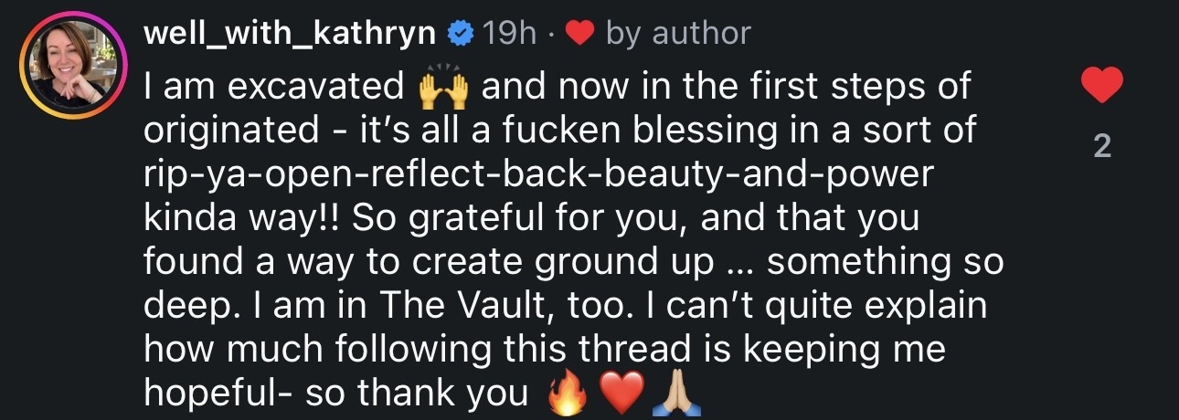Public Instagram comment from well with Kathryn describing feeling excavated, beginning Originated, and finding hope inside the work.