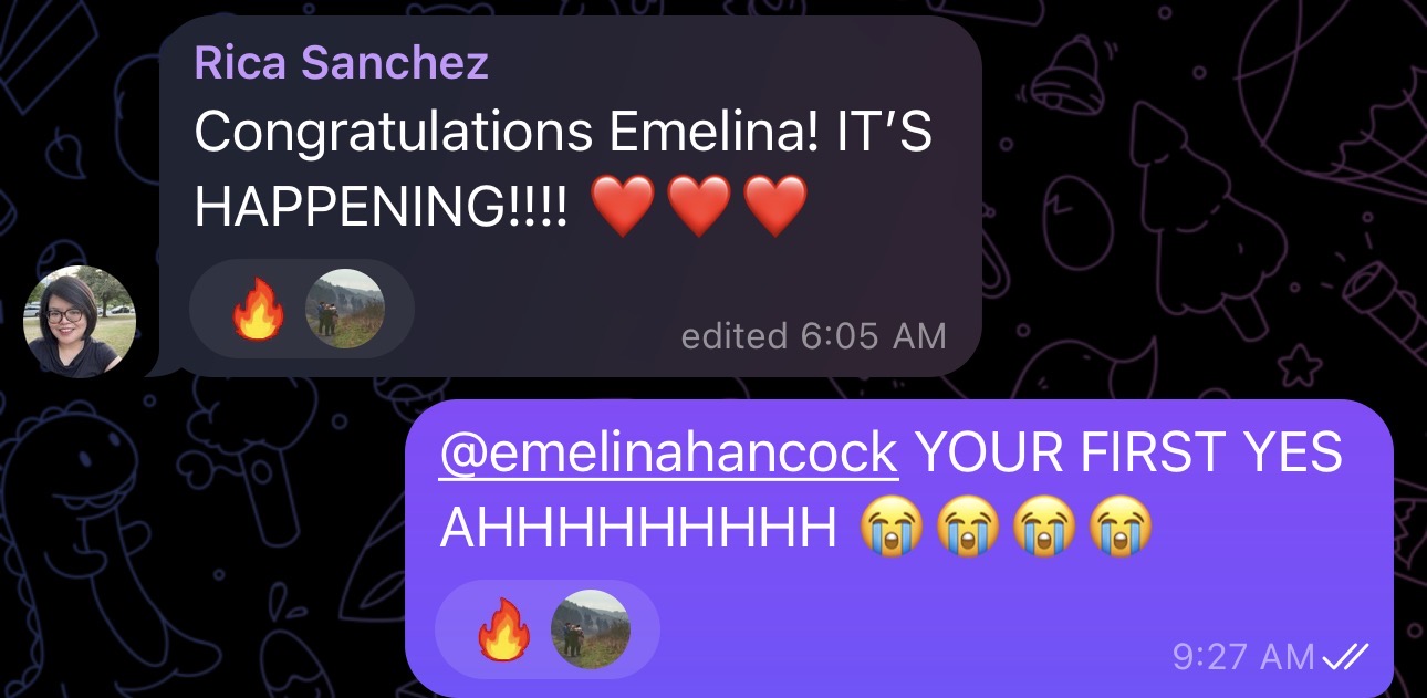 Community celebrating Emelina's first yes after building her offer.