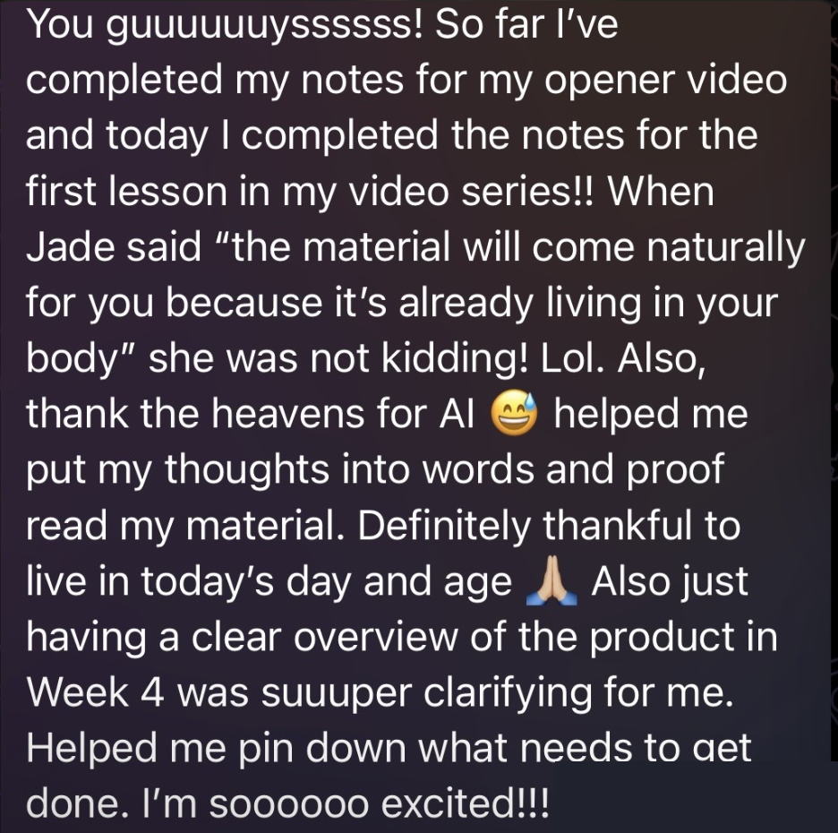 Woman sharing that Jade's teaching and AI helped her turn lived material into her video series