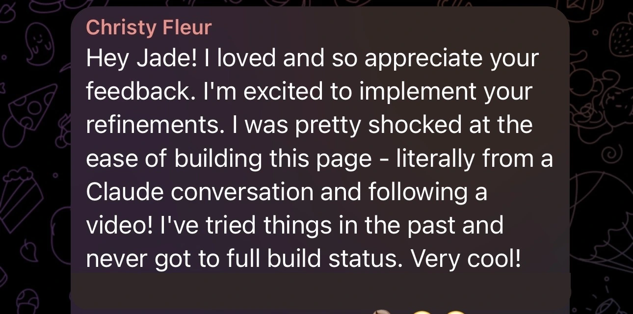 Woman sharing that the full build came together with Jade's teaching and Claude